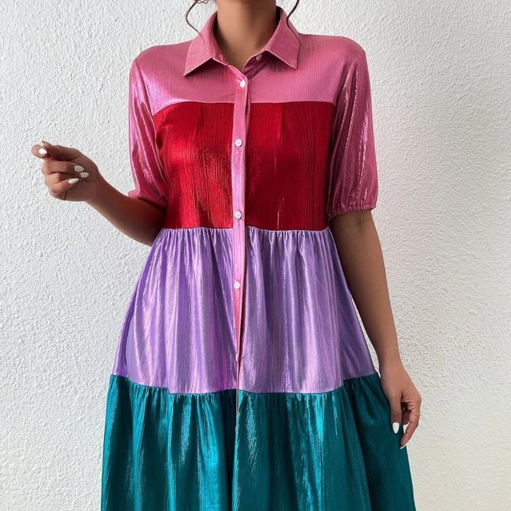 Multicolor Womens colorblock metallic button down shirt Dress - Picture 4 of 8